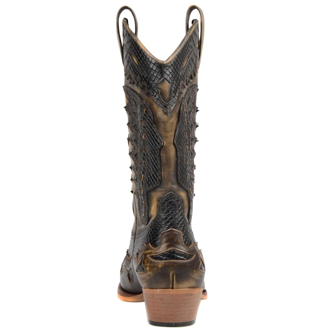 Back view of a brown leather cowboy boot with a snakeskin pattern.