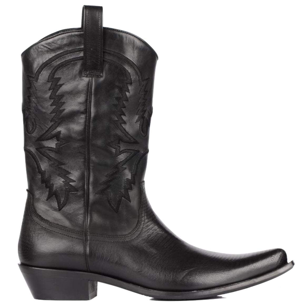 Black leather cowboy boot with decorative stitching.