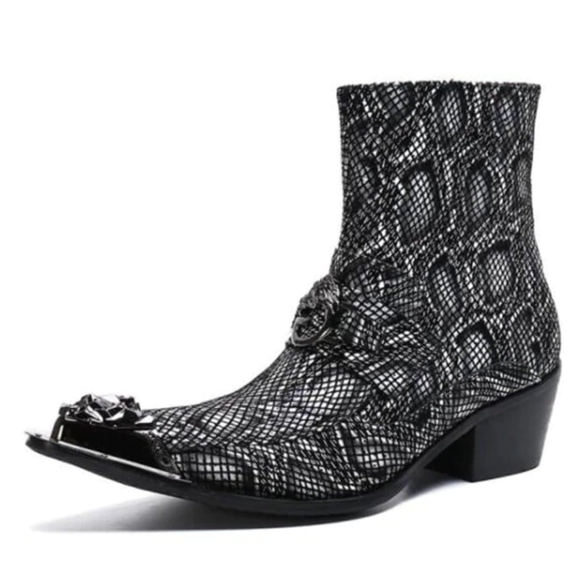 Silver and black snakeskin ankle boot with metal toe and heel.