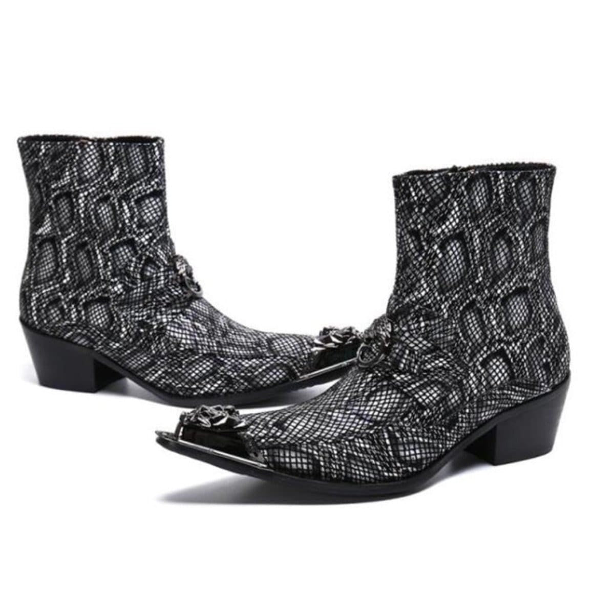 Pair of black and silver snakeskin-patterned ankle boots with metal toe caps and heel.