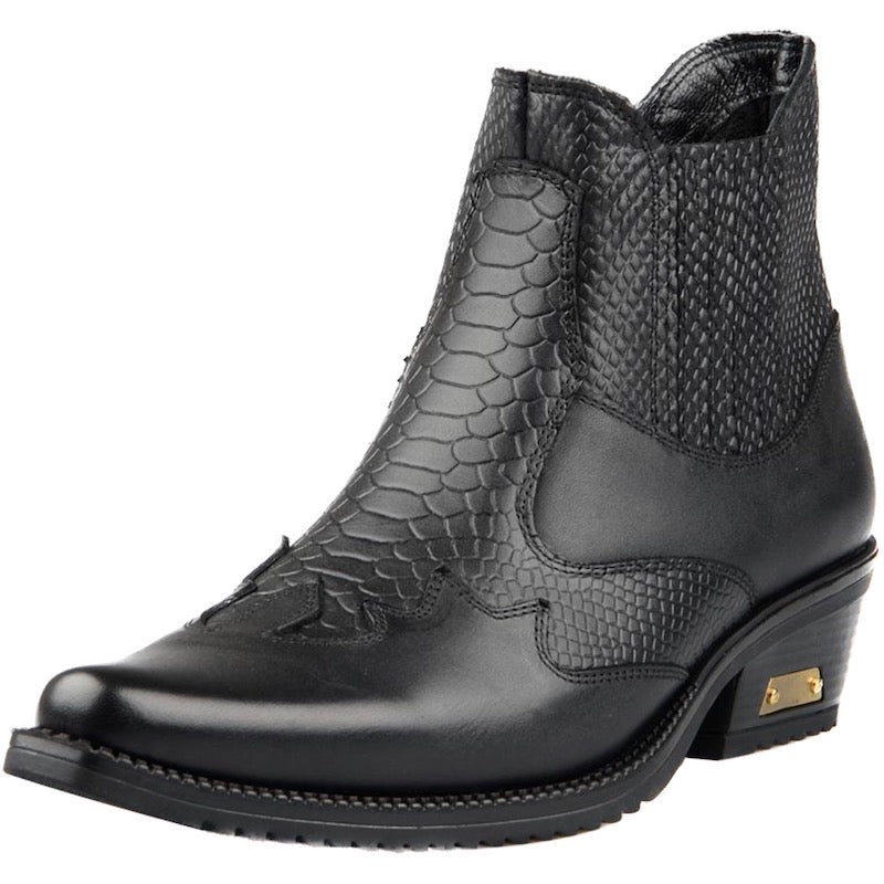 Black leather western ankle boot with snake-skin pattern.