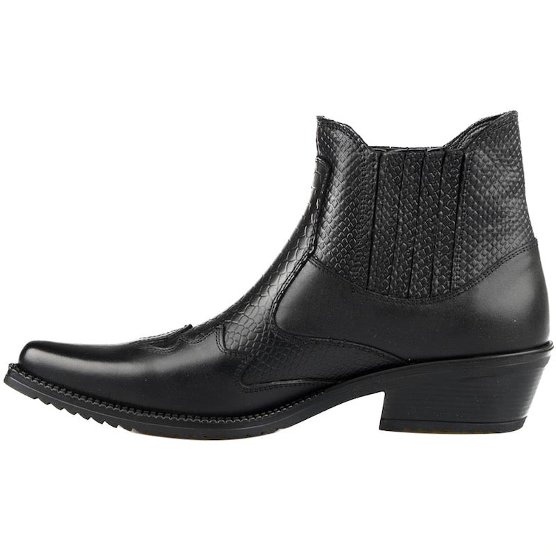 Black leather cowboy ankle boot.