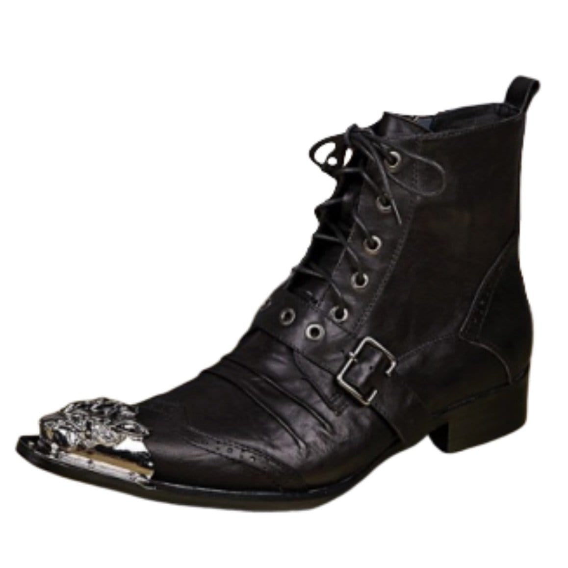 Black leather ankle boot with silver toe and buckle.