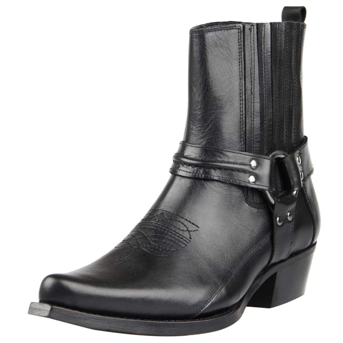 Black leather harness boot with decorative toe stitching.