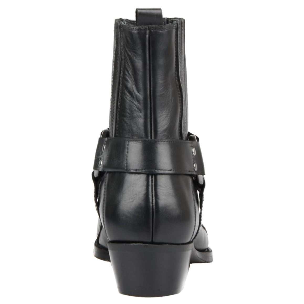 Rear view of a black leather ankle boot with a strap around the ankle.