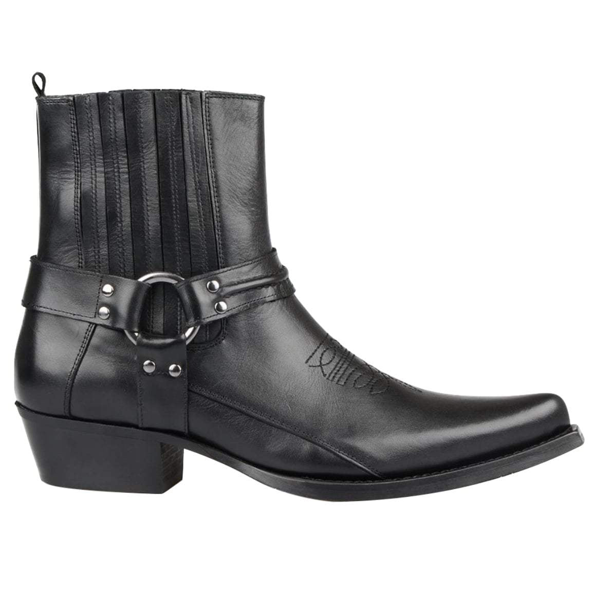 Black leather cowboy boot with silver buckle.