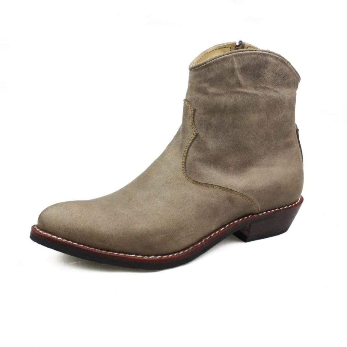 Tan suede western ankle boot.