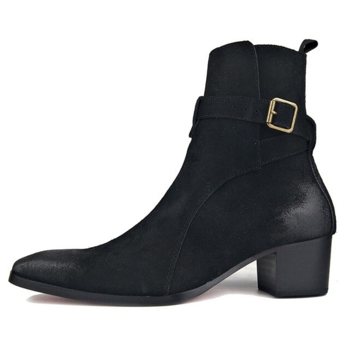 Black suede heeled boot with gold buckle.
