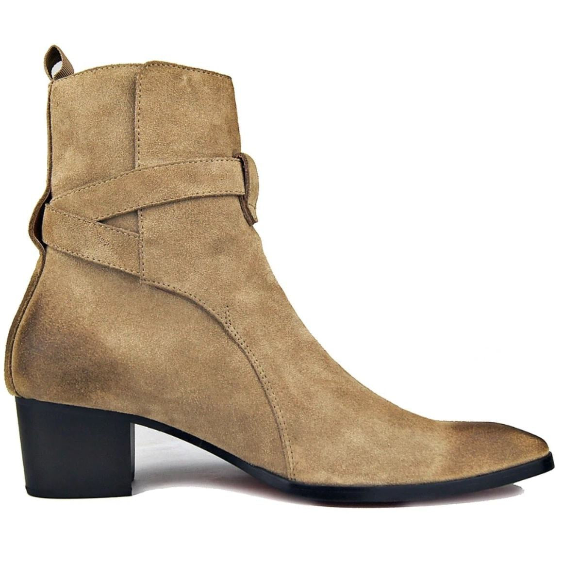 Tan suede ankle boot with a black block heel.

