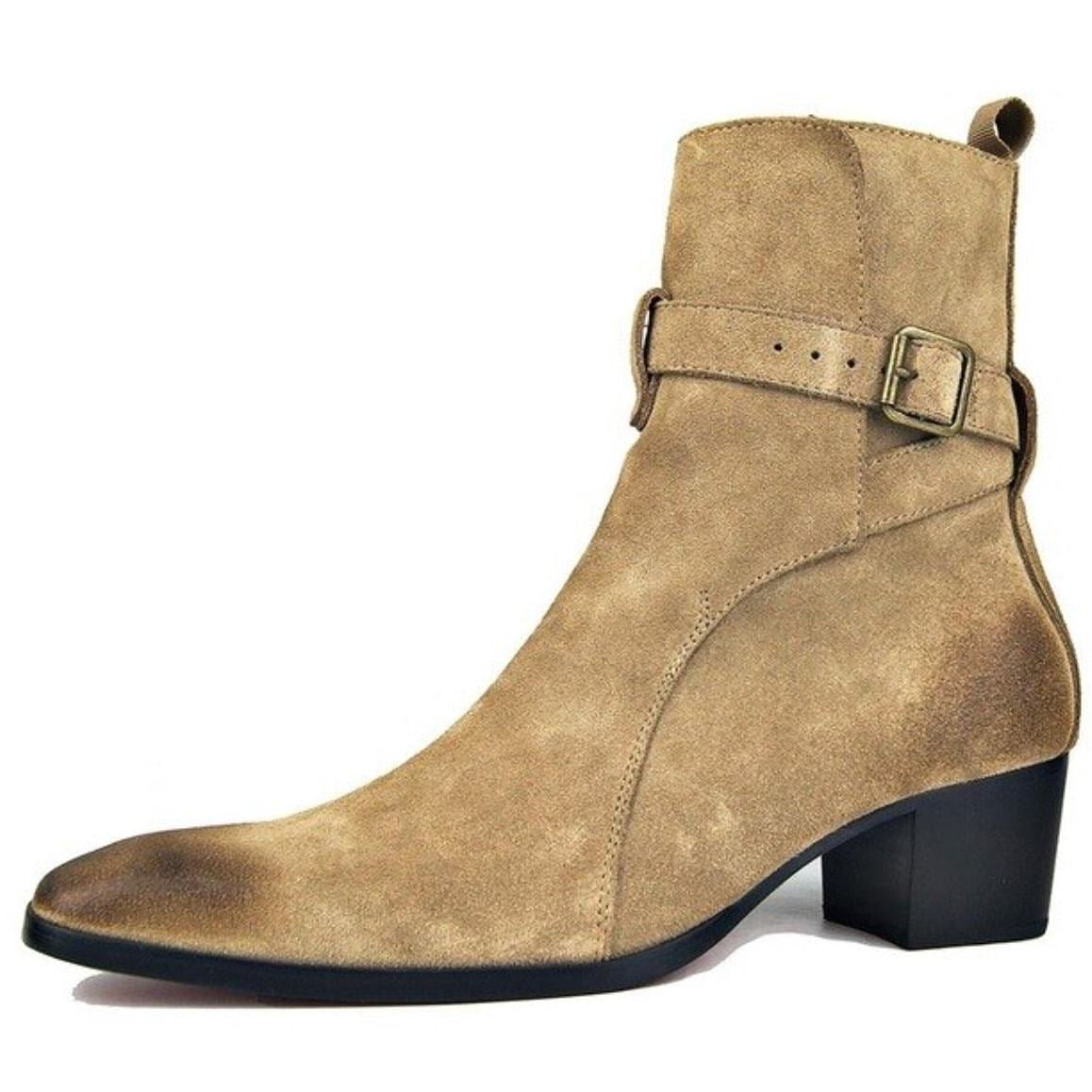 Tan suede ankle boot with buckle detail and black heel.