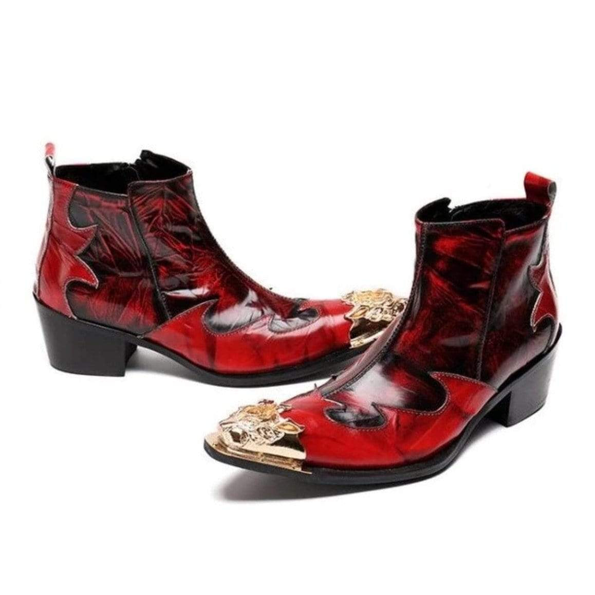 Red and black western-style ankle boots with gold toe caps.