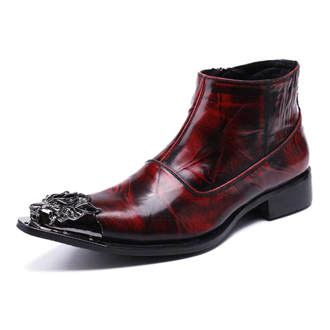 Red and black leather dress boot with metal toe plate.