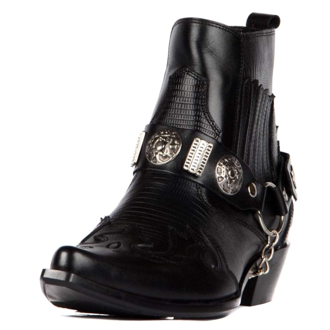 Black leather cowboy boot with silver harness.