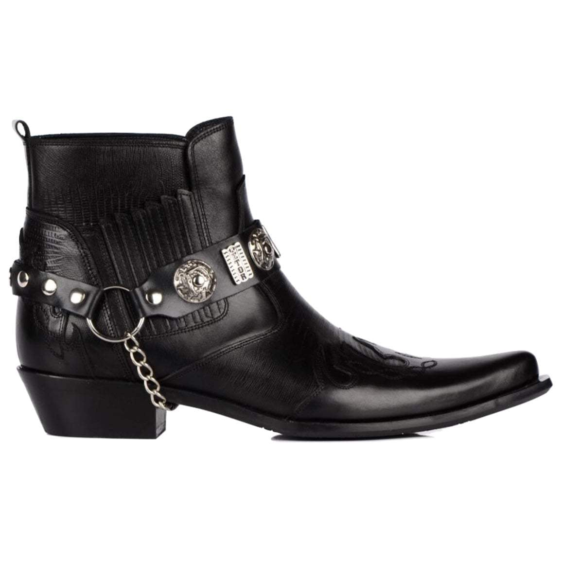 Black leather cowboy boot with silver chain.
