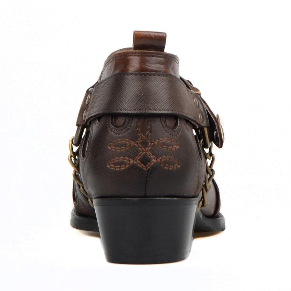 Brown leather ankle boot with chains.