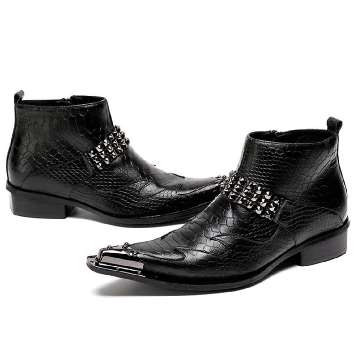 Two black, textured leather boots with silver embellishments.