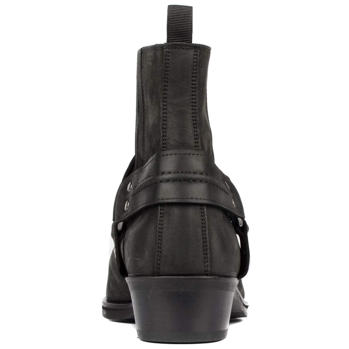 Black leather cowboy boot, back view.