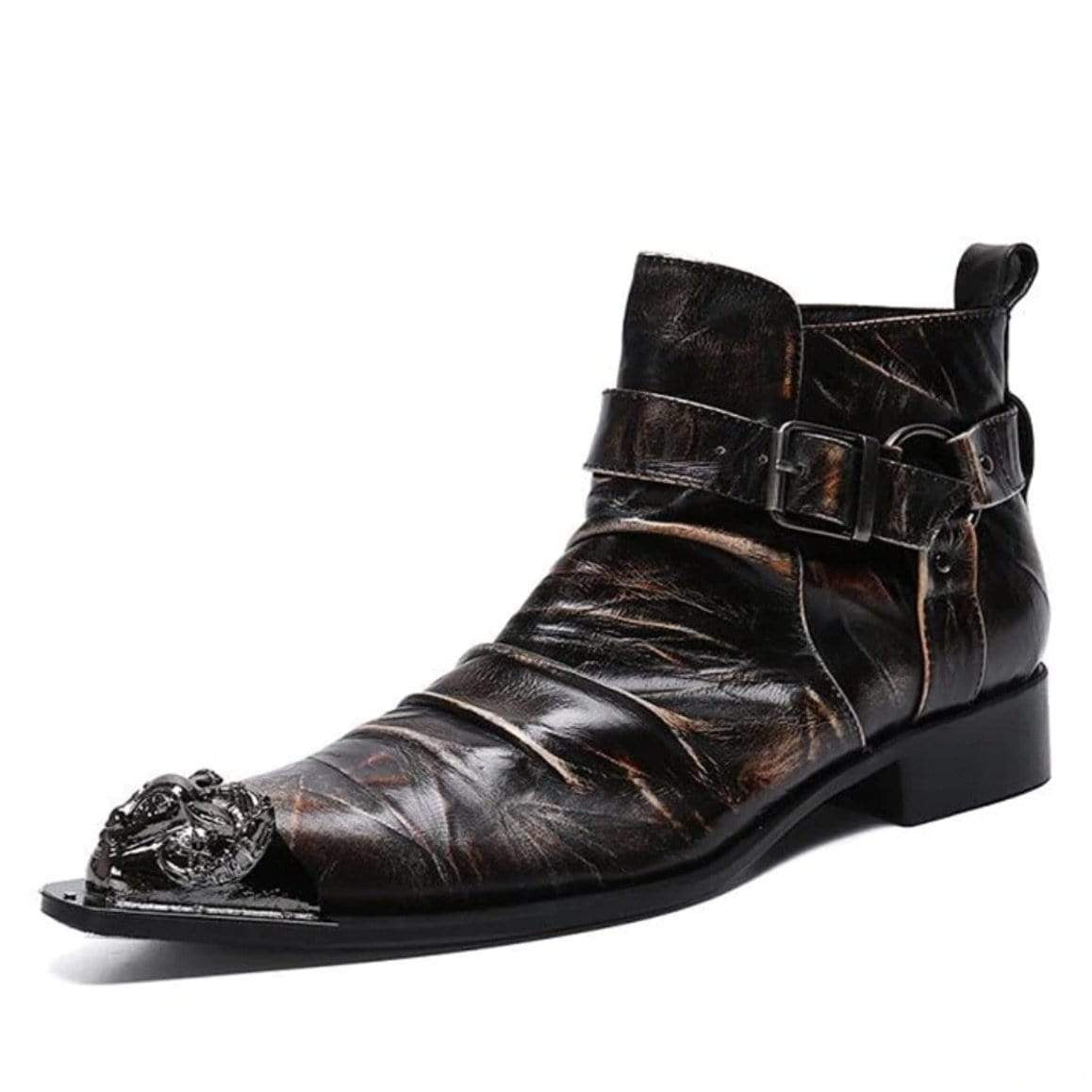 Distressed leather ankle boot with buckle and toe decoration.