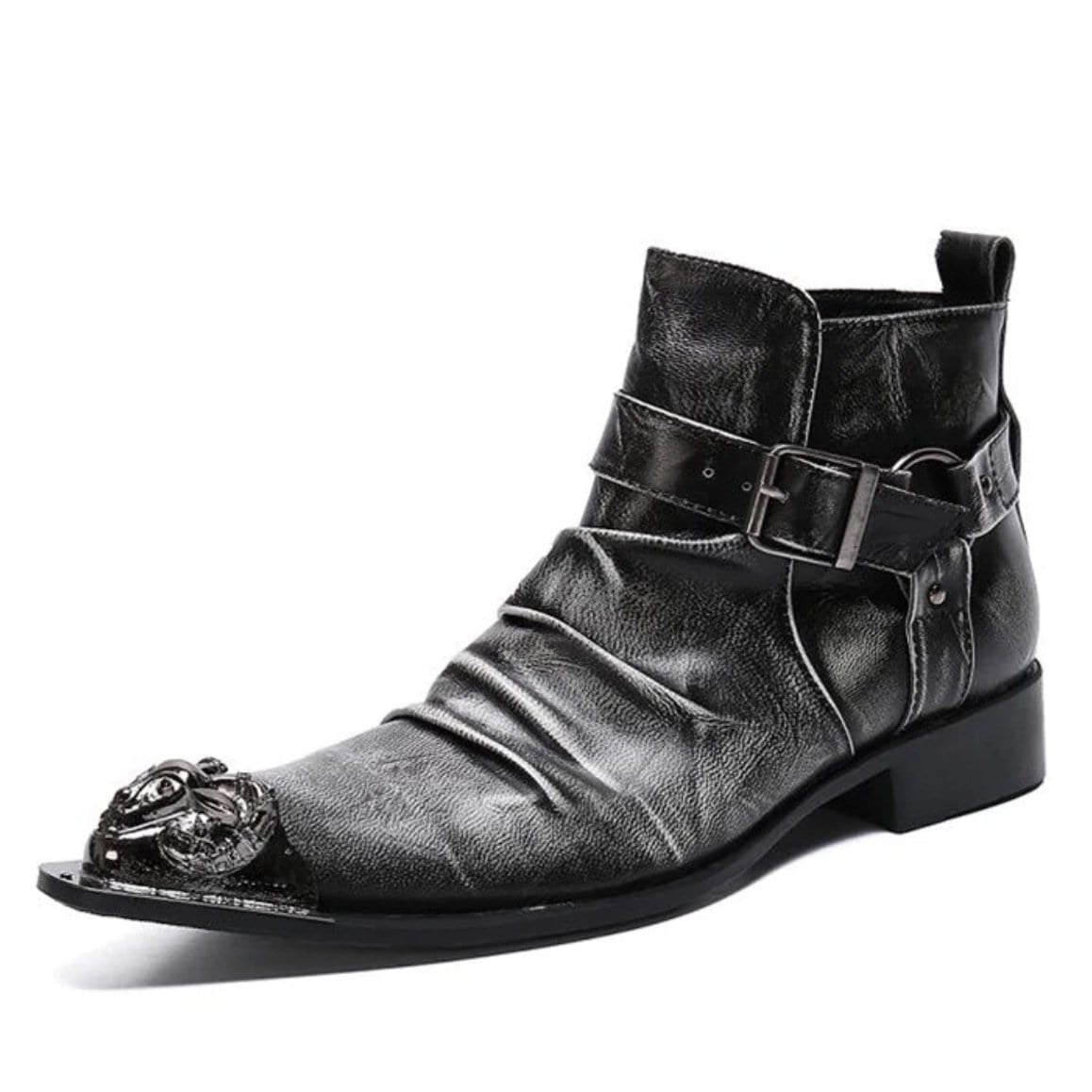 Black leather ankle boot with silver accents.