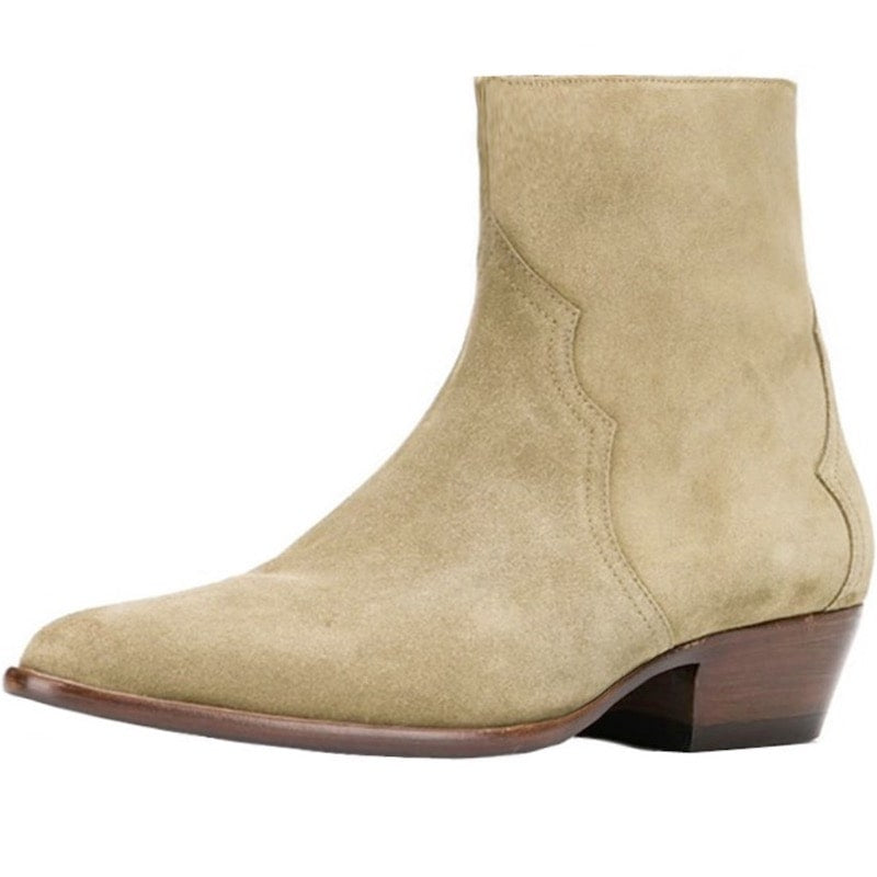 Tan suede ankle boot with wooden heel.