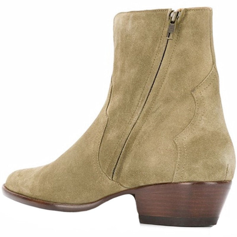 Tan suede ankle boot with side zipper.