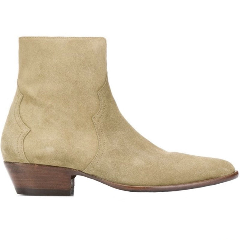 A tan suede ankle boot with a short wooden heel.