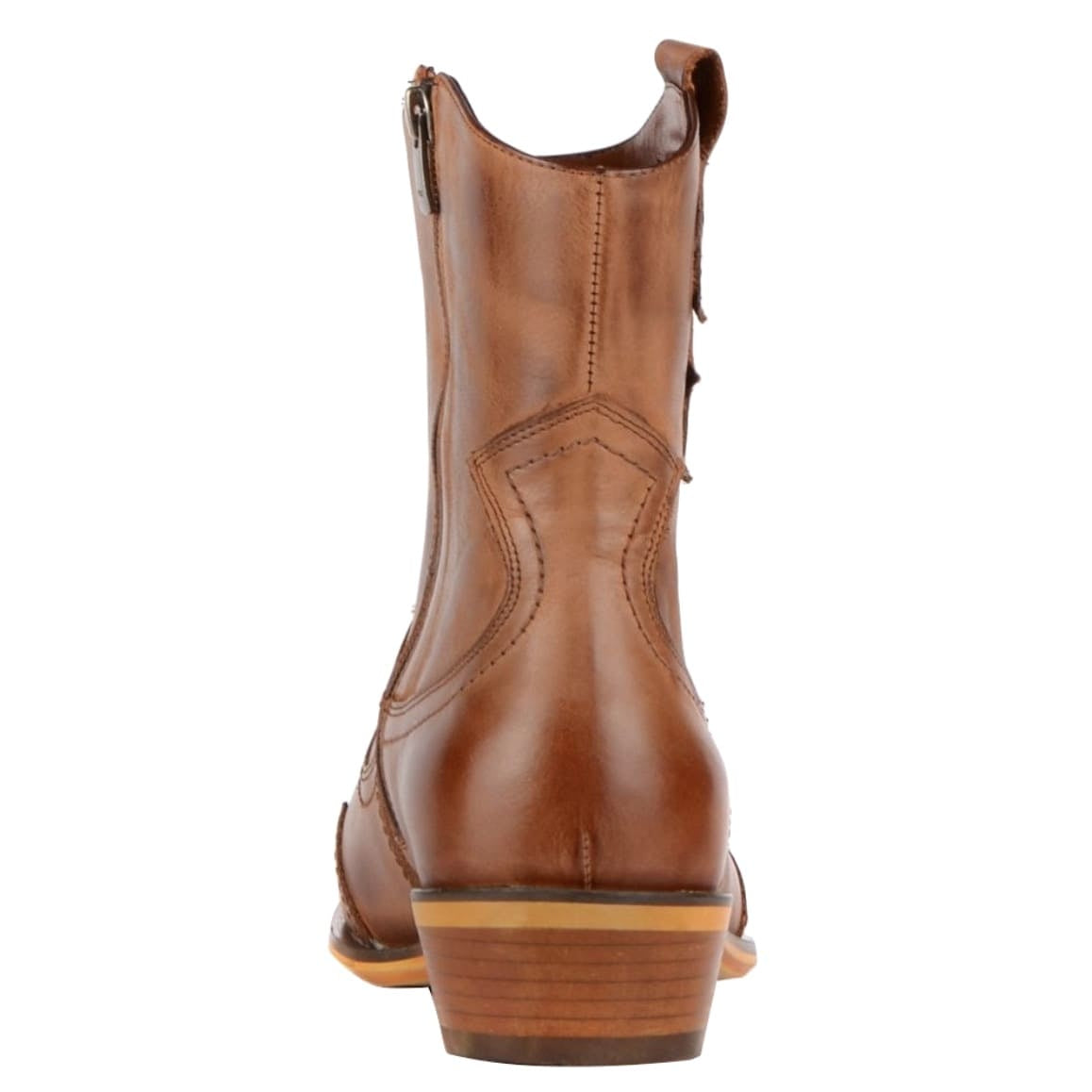 Back view of a brown leather cowboy boot with a zipper.
