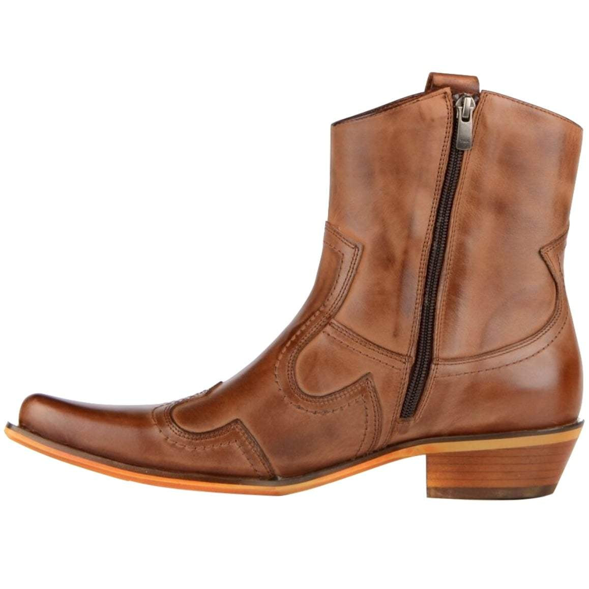 Brown leather cowboy boot with zipper.