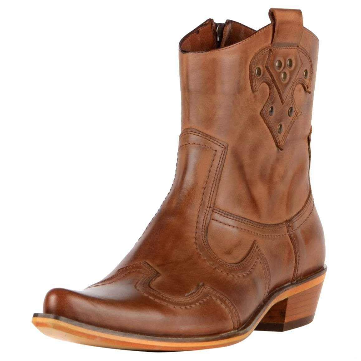 Brown leather cowboy boot with decorative details.