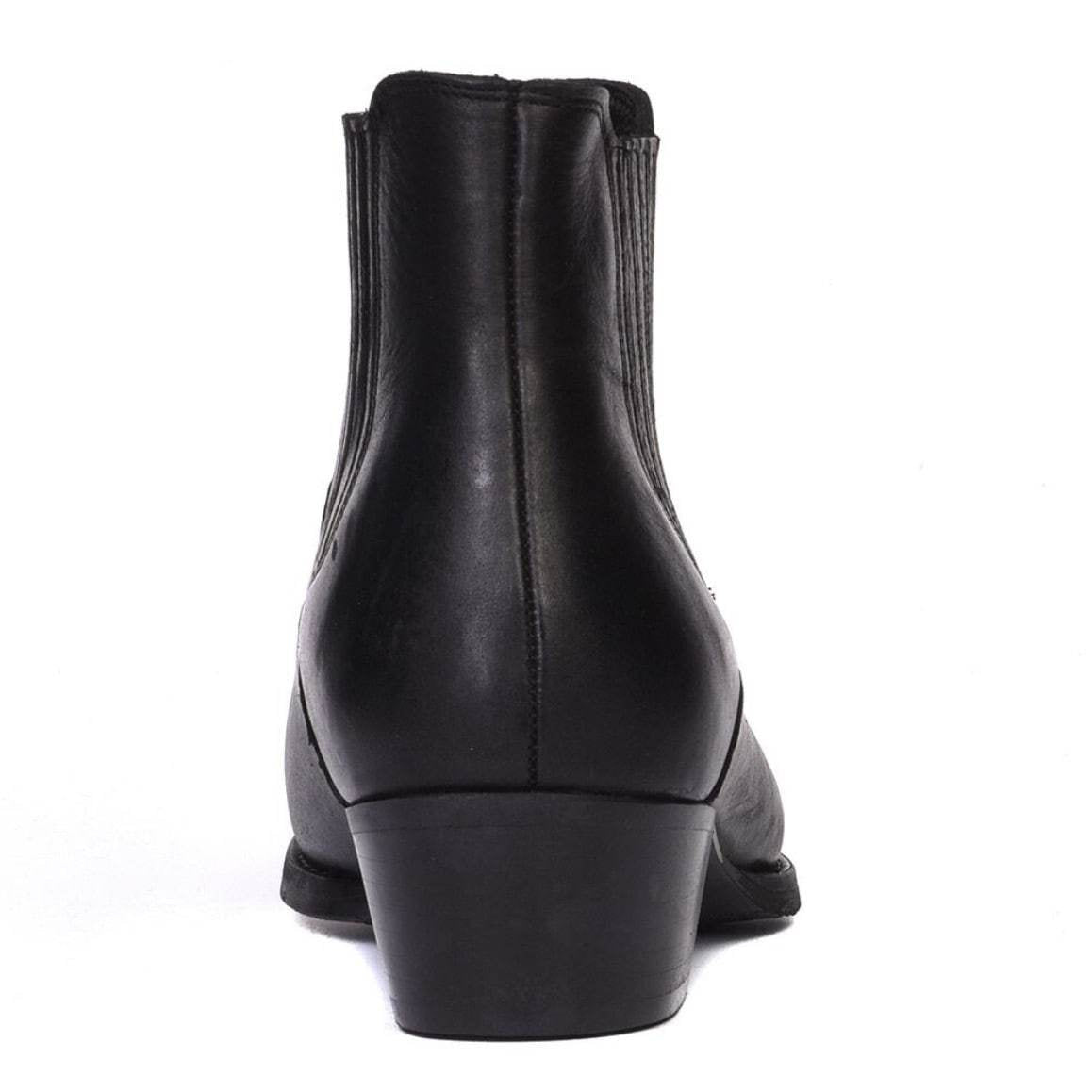 Back view of a black leather ankle boot.
