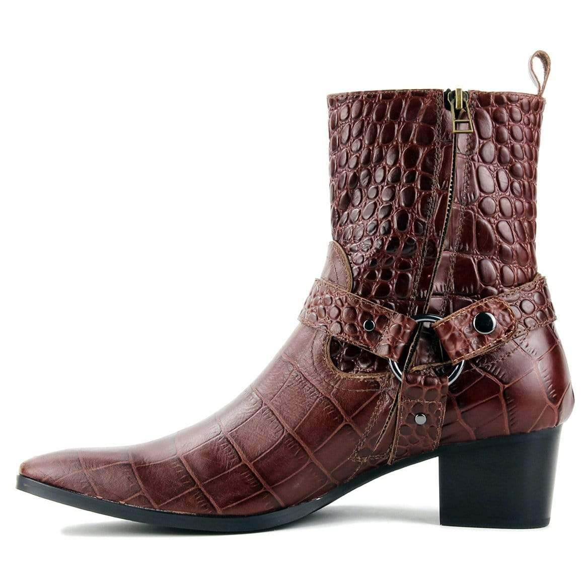 Brown leather ankle boot with crocodile texture and harness.