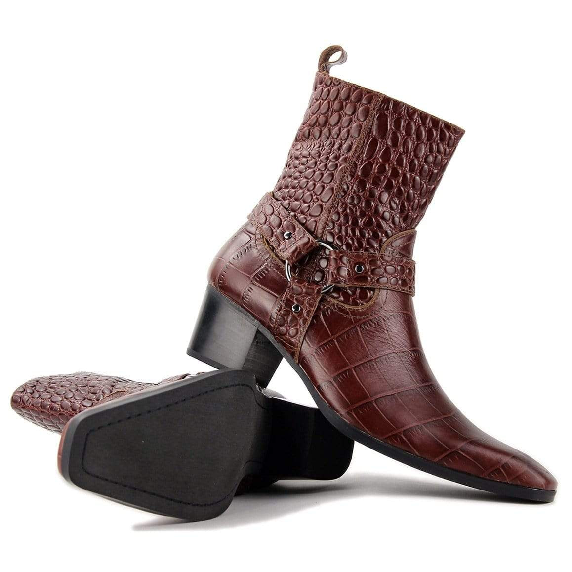 A pair of brown, crocodile-leather cowboy boots.