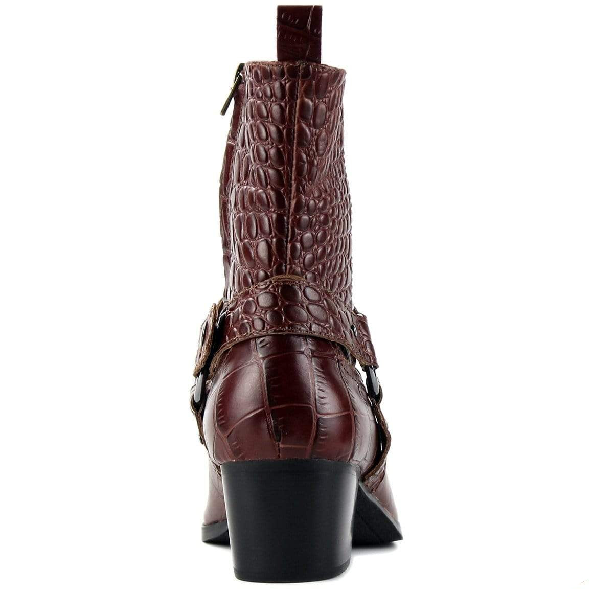 Back view of a brown, textured leather boot with a black heel and buckles.