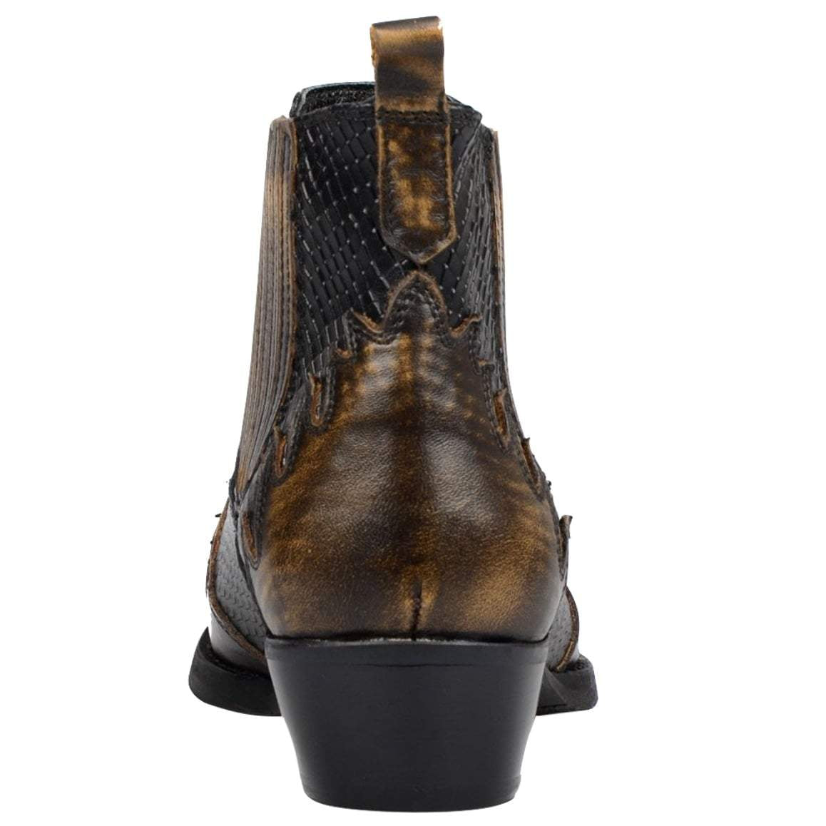 Back view of a brown and black leather ankle boot.