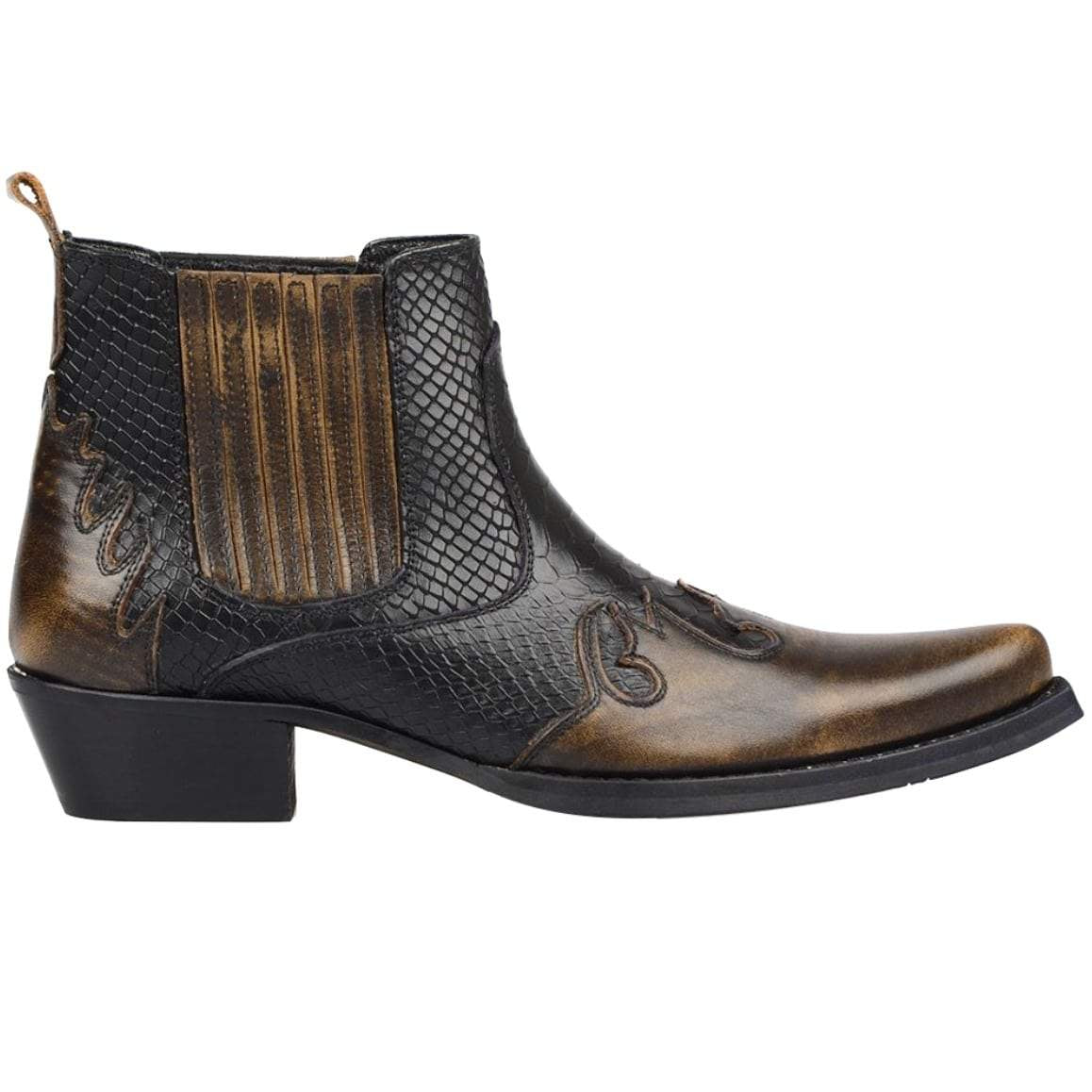 Brown and black leather cowboy boot.
