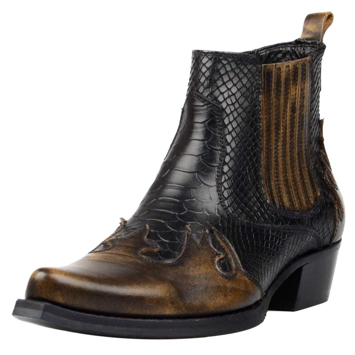 Brown and black snakeskin ankle boot.