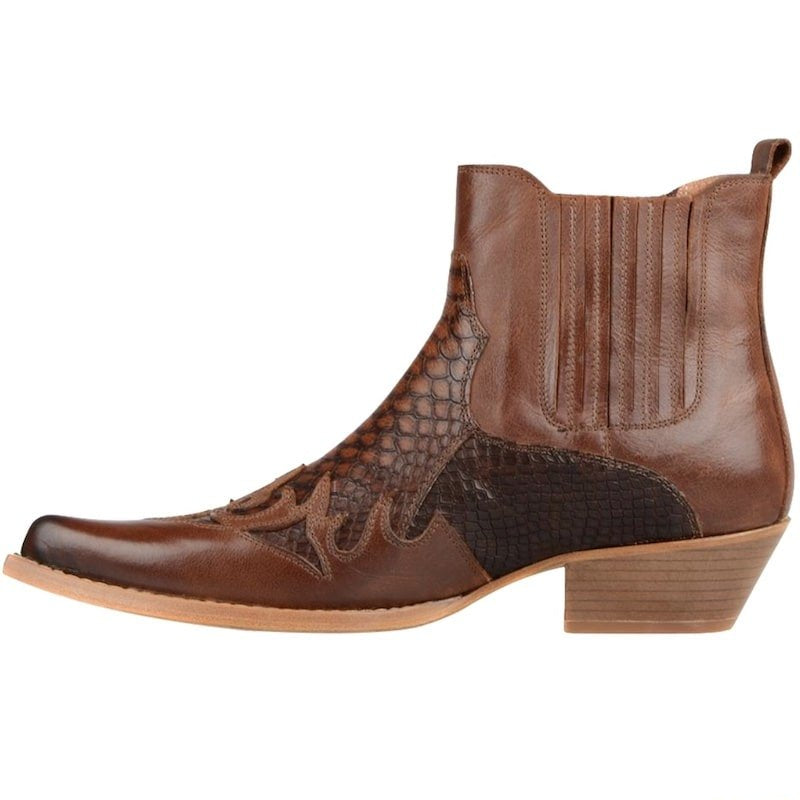 Brown leather cowboy boot.