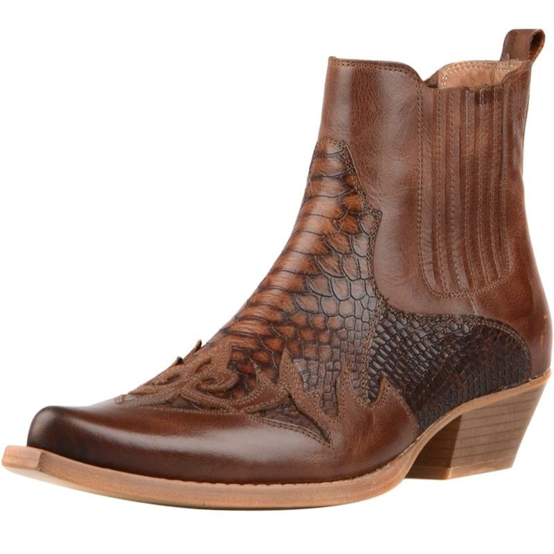 A brown leather cowboy boot with a snakeskin pattern on the vamp.
