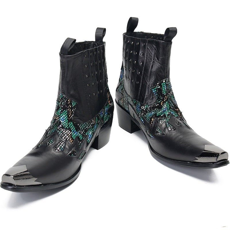 Black leather cowboy boots with metal toe caps and blue/green/brown patterned accents.