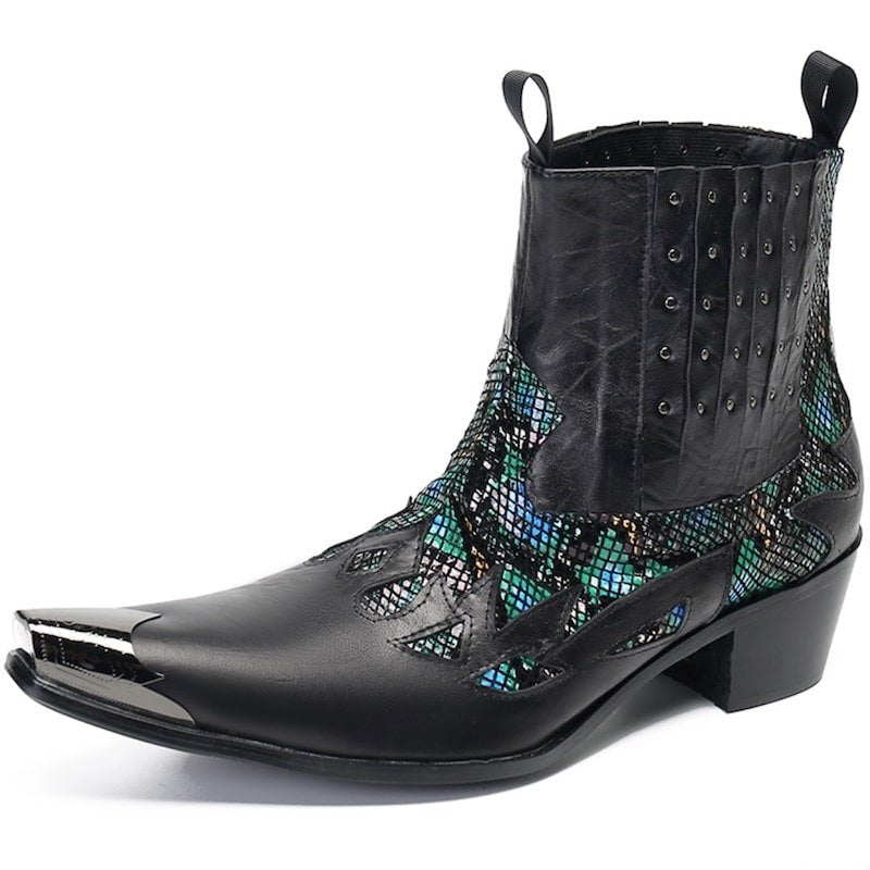 Black leather cowboy boot with silver toe cap and iridescent snakeskin panel.