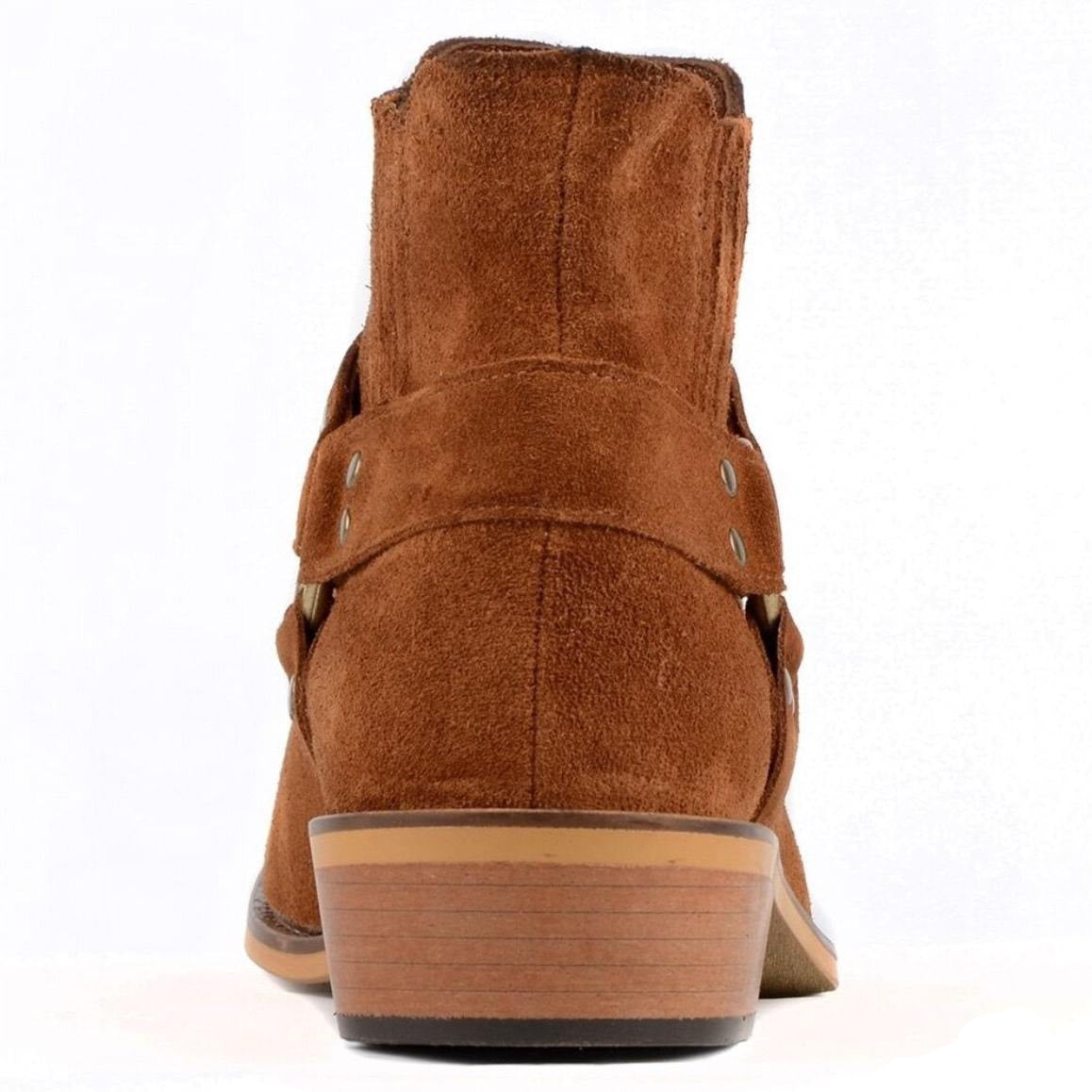 Back view of brown suede ankle boot with harness detail.