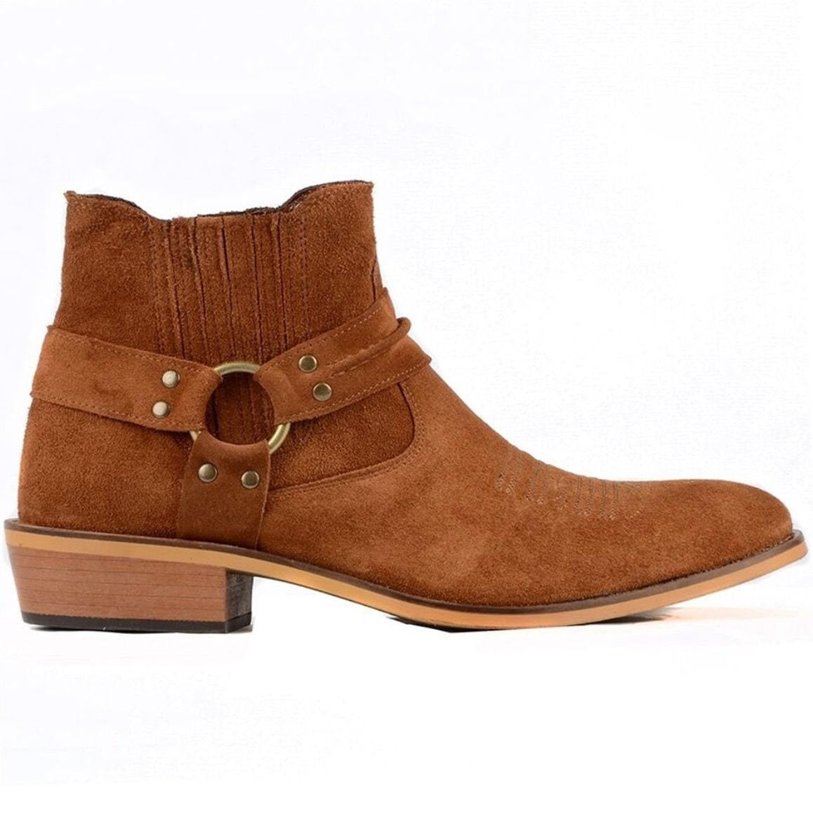 Brown suede cowboy boot with harness.