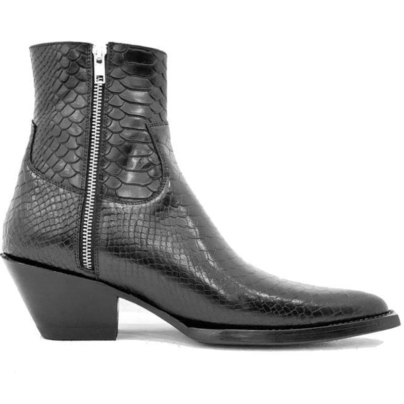 Black snakeskin cowboy boot with side zipper.