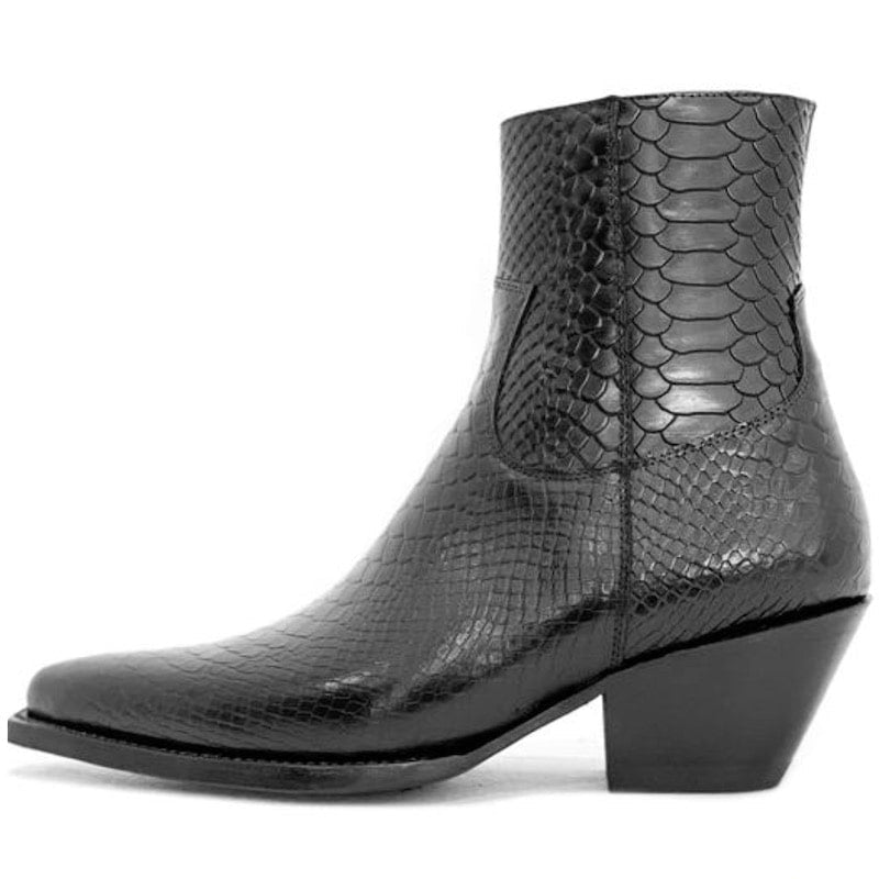 Black snakeskin cowboy boot.
