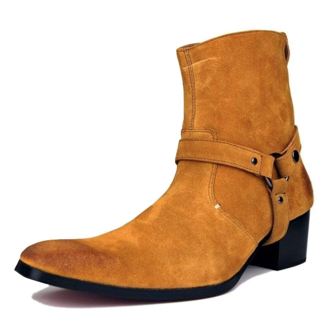 Camel suede ankle boot with harness.