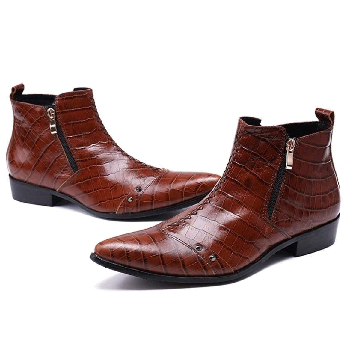 Two brown, textured leather ankle boots with side zippers.