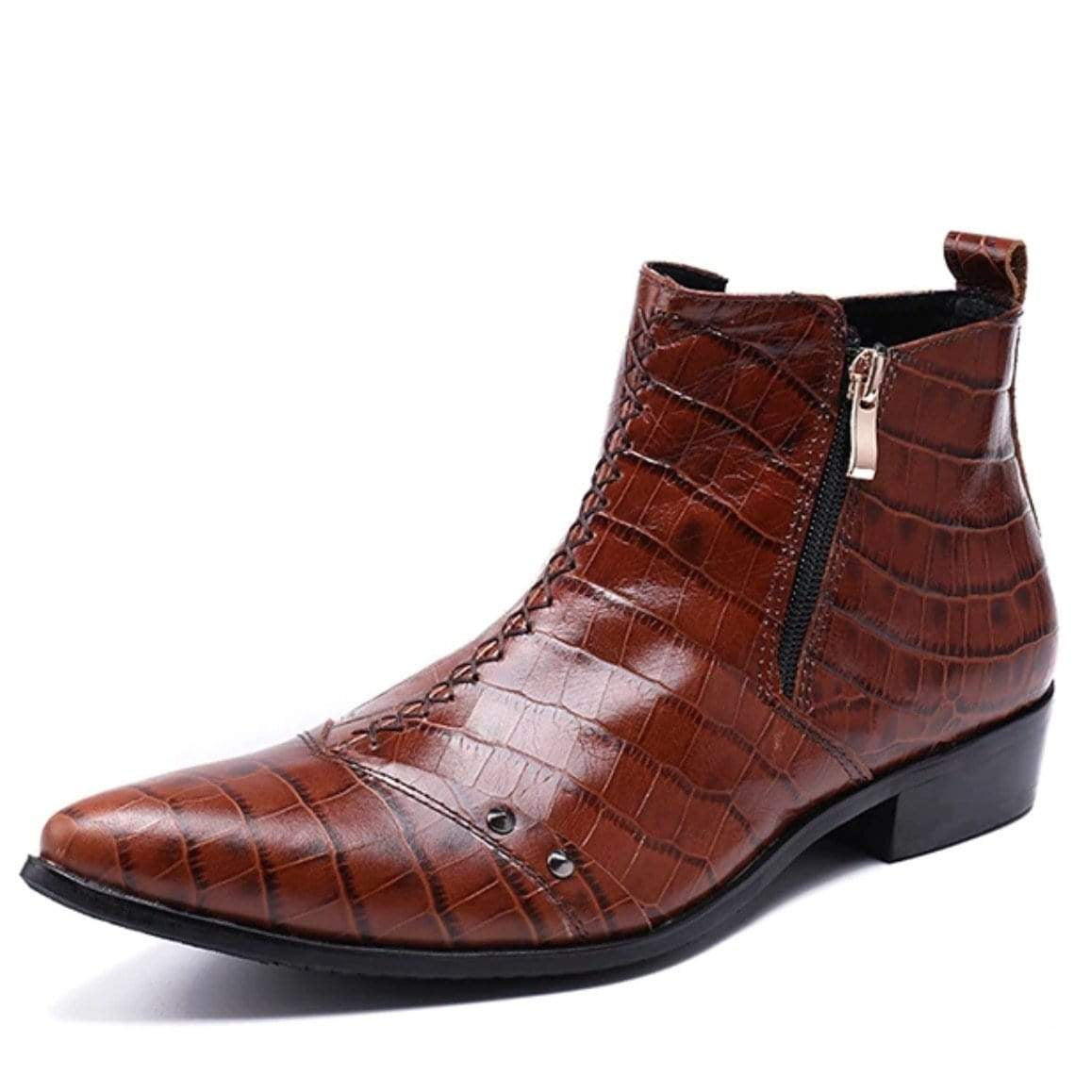 Brown crocodile skin boot with zipper.