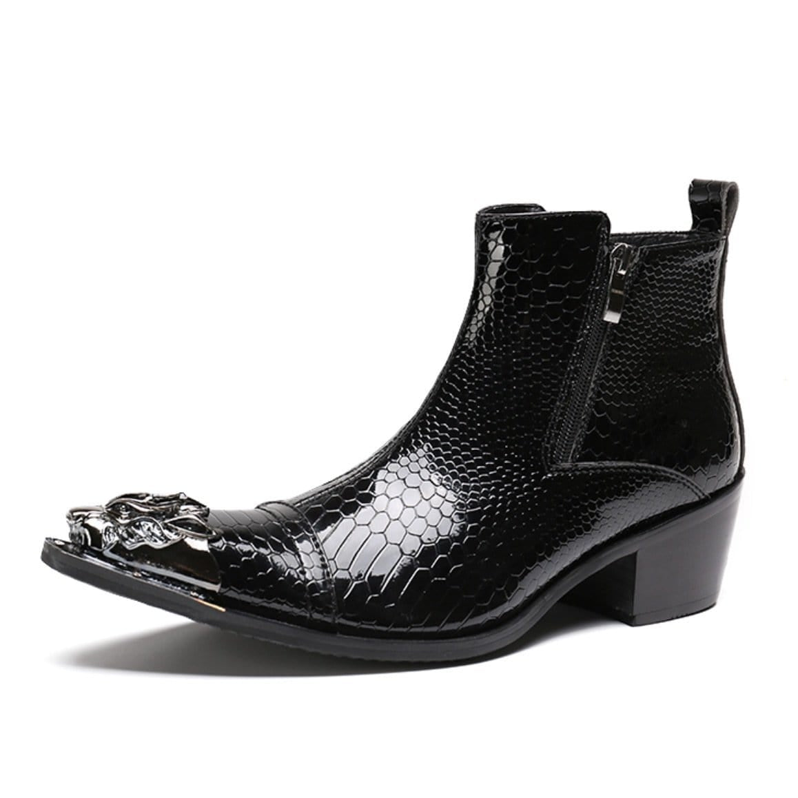Black snakeskin-patterned ankle boot with metal toe cap.