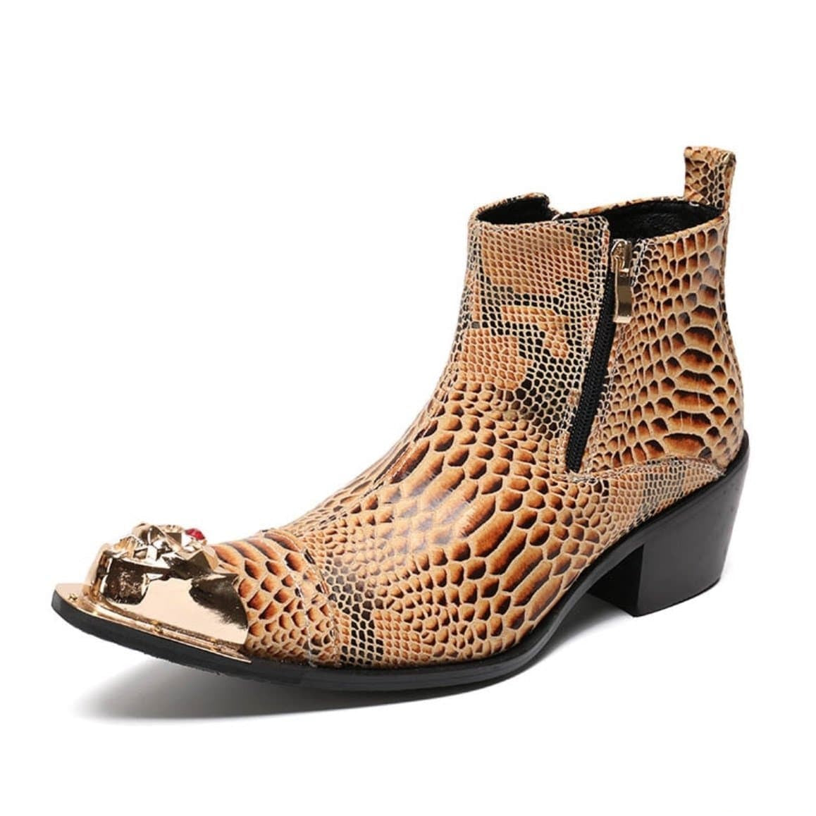 Snakeskin-print ankle boot with gold cap toe and zipper.