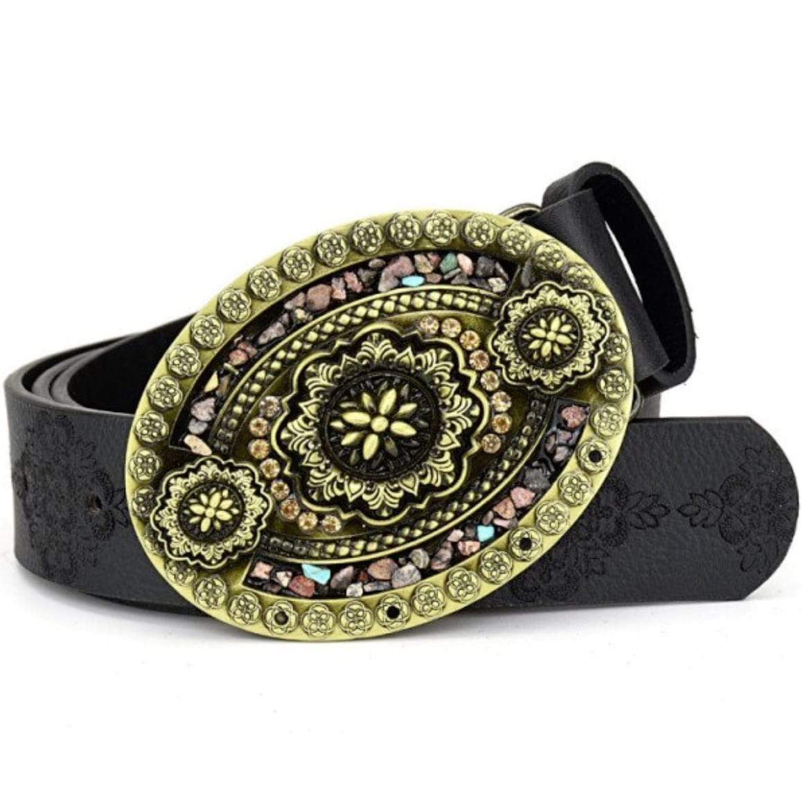 Black leather belt with large, decorative, oval buckle.